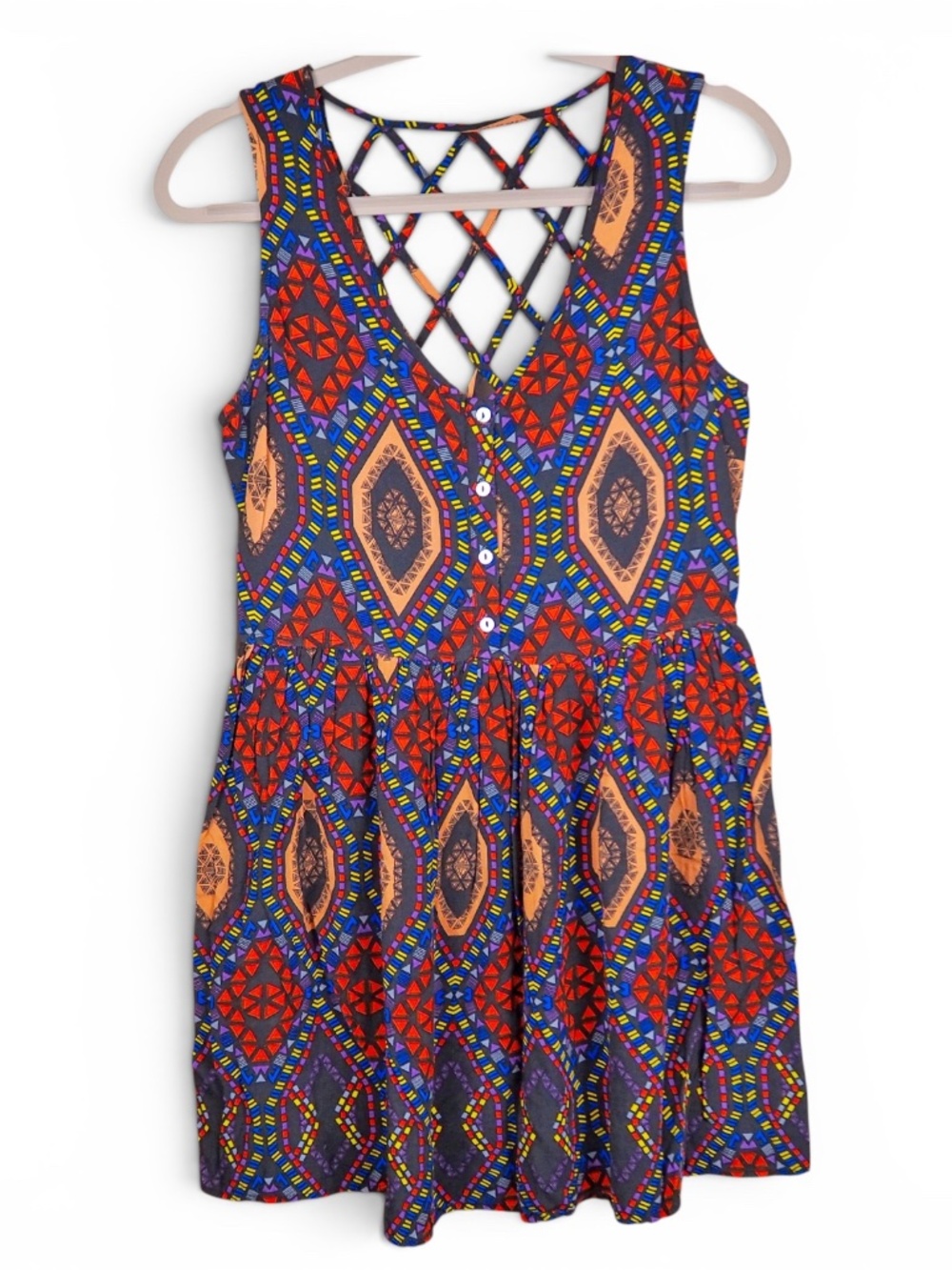 Forever 21 Boho Vibrant Multicolor Mini Tunic Dress Women Size S Geometric Print